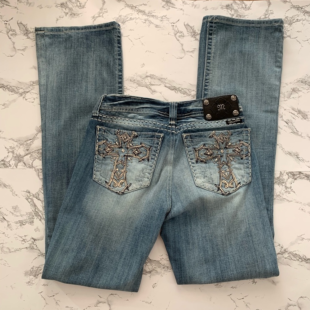 Miss me rhinestones cross boot cut denim jeans 34